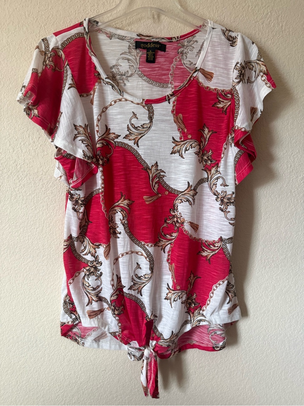 goddess Women’s Top Sz L White & Red Chain Print Scoop Neck Short Sleeve Tie